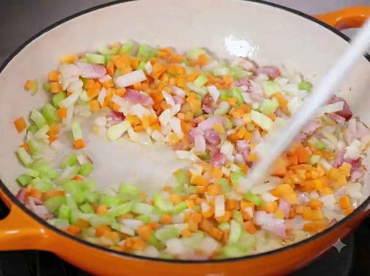 Des légumes en dés et du bacon mélangés et remués ensemble dans une poêle sur le feu.