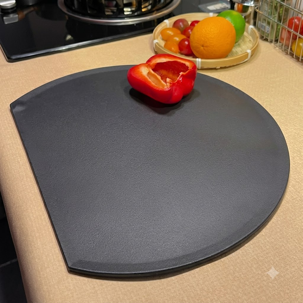 Un poivron rouge fraîchement tranché en lanières uniformes, disposé sur une planche à découper noire.