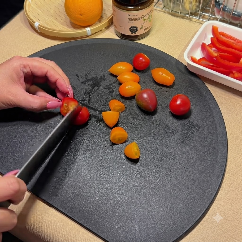 Un couteau de chef coupant des tomates cerises colorées en deux sur une planche à découper noire.