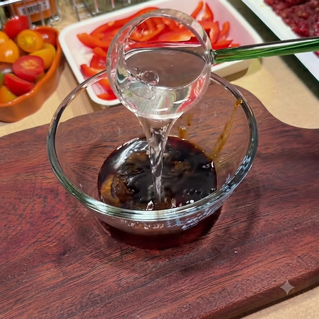 Un liquide versé dans un bol en verre transparent contenant les ingrédients de la sauce sur une planche en bois.