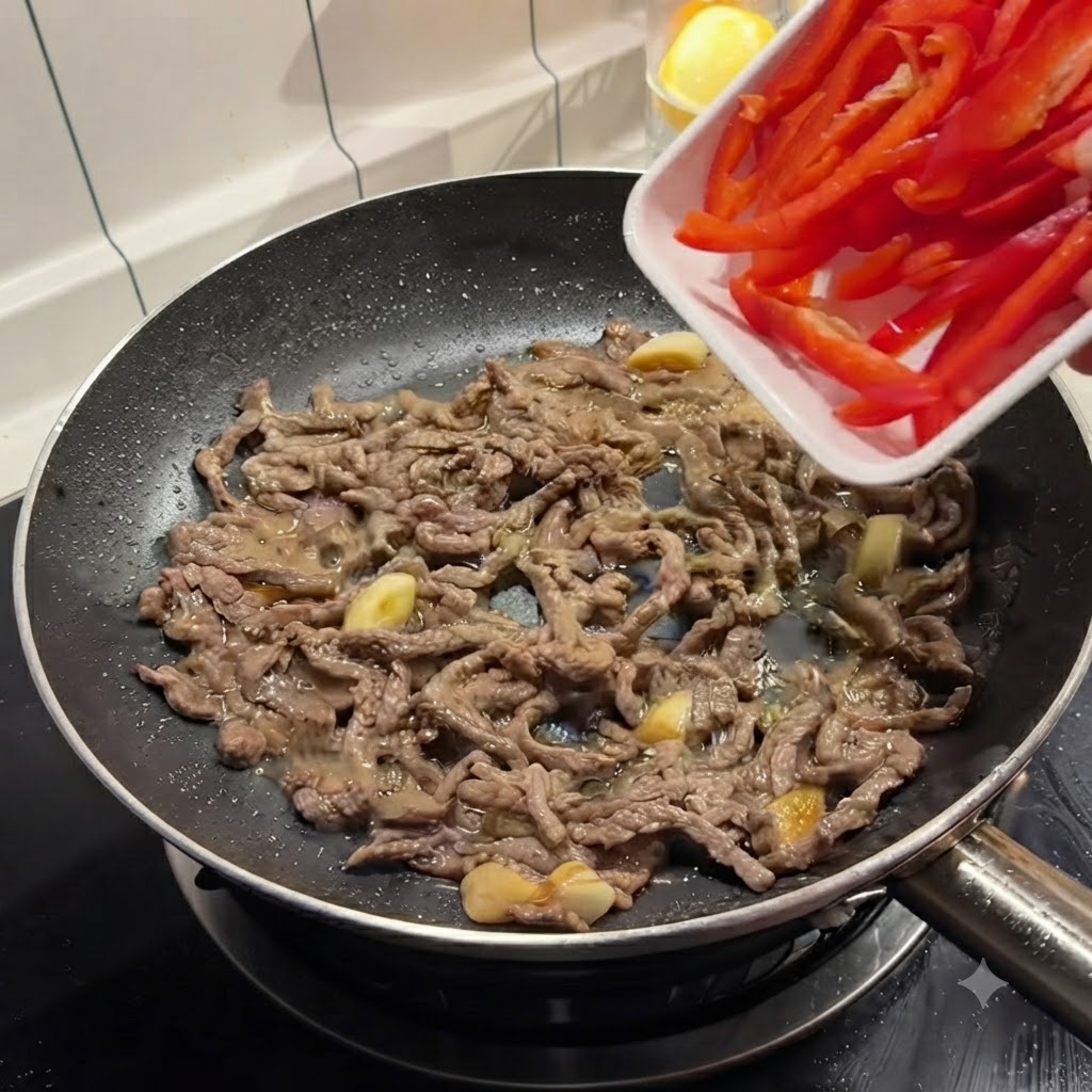 Des lanières de poivron rouge versées dun plateau blanc dans une poêle avec le bœuf doré.