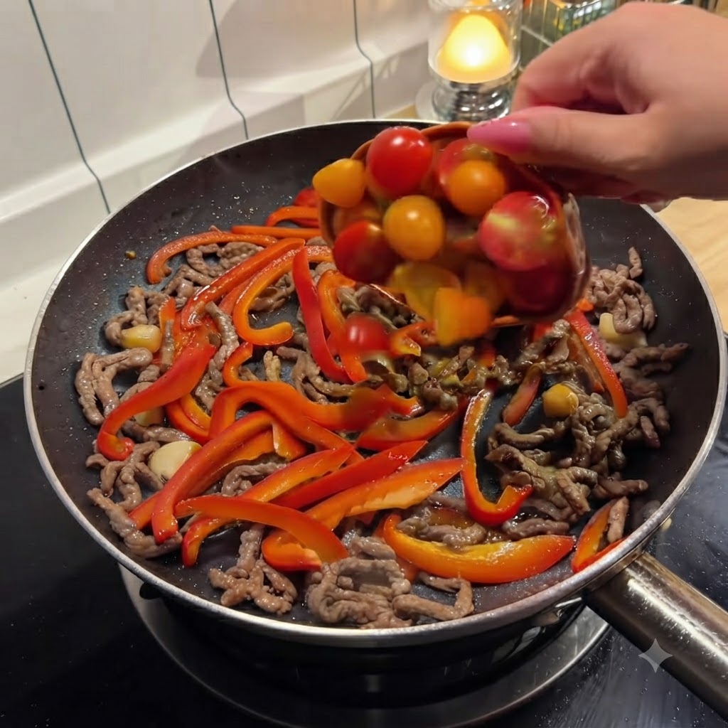 Des tomates cerises coupées en deux transvasées dun bol dans la poêle contenant le bœuf et les poivrons.