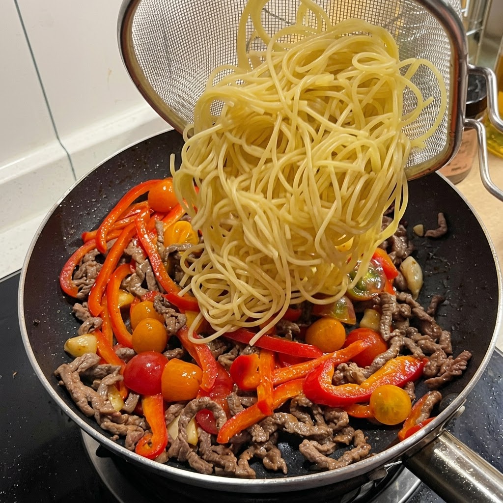 Des spaghettis cuits versés depuis une passoire directement dans la poêle.