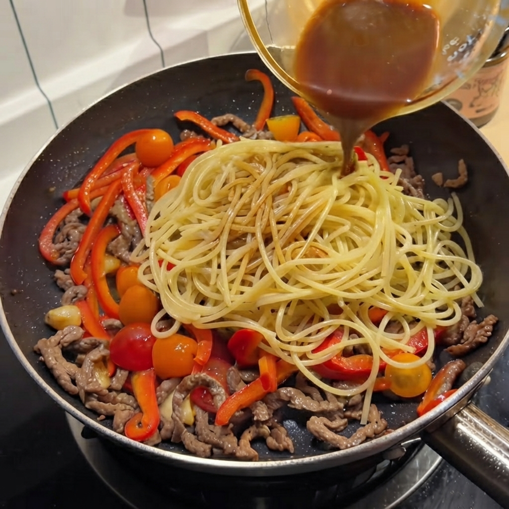 Une sauce brune foncée versée dun petit bol sur les spaghettis dans la poêle.