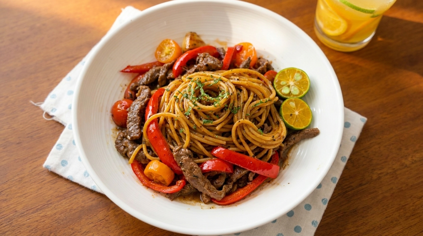 Un bol de pâtes au bœuf et poivre noir, garni de poivrons rouges éclatants et de tomates cerises colorées.