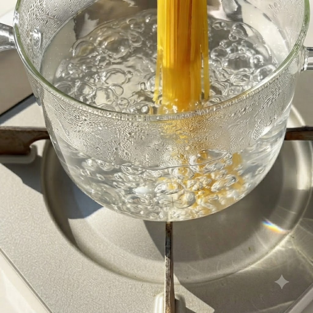Des nouilles spaghetti plongées dans une casserole en verre transparente deau bouillante bouillonnante sur une cuisinière.