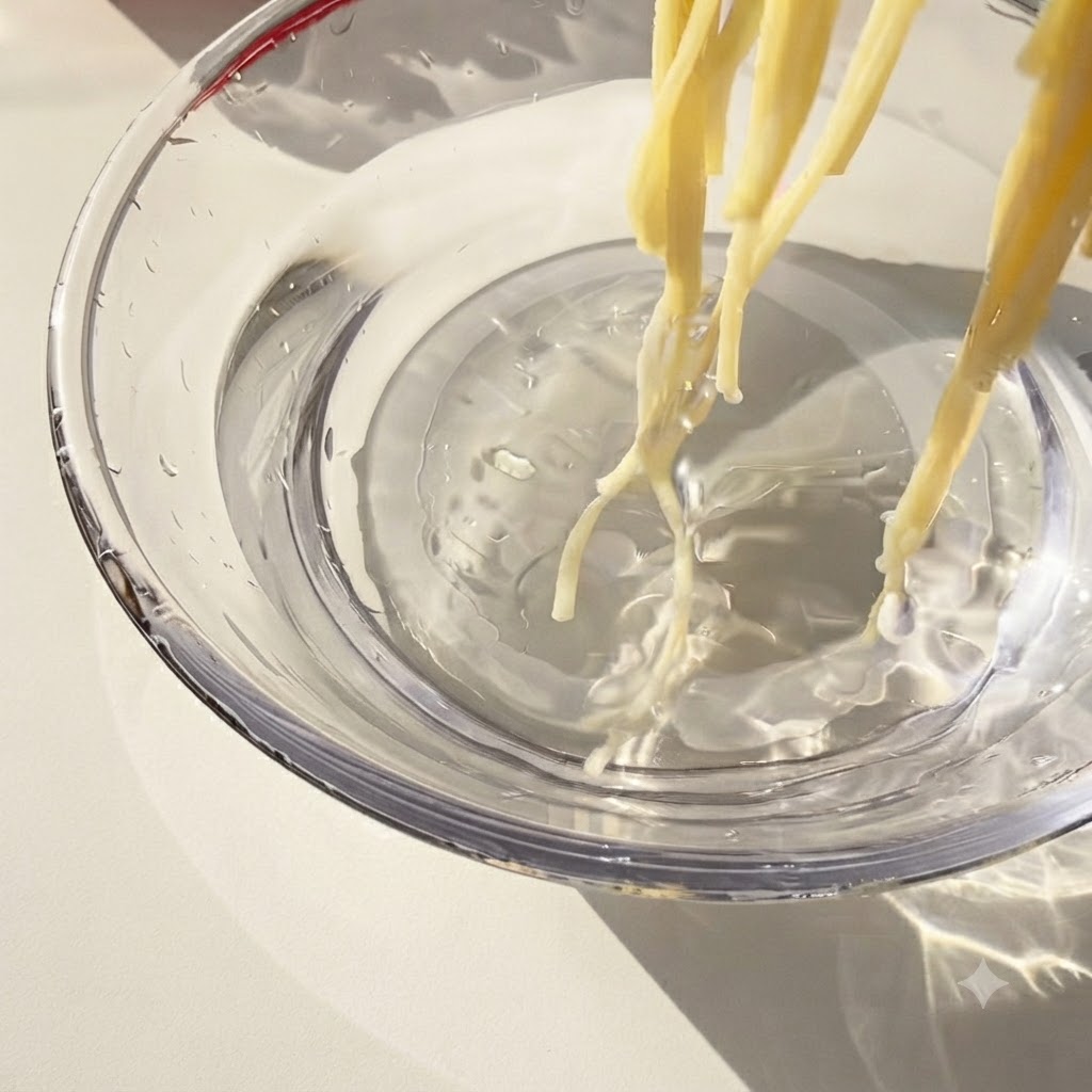 Des nouilles spaghetti cuites transférées avec des pinces dans un bol en verre deau froide.