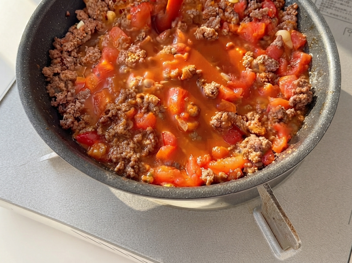 Un mélange de sauce rougeâtre sombre versé sur le bœuf haché cuit et les tomates dans une poêle.