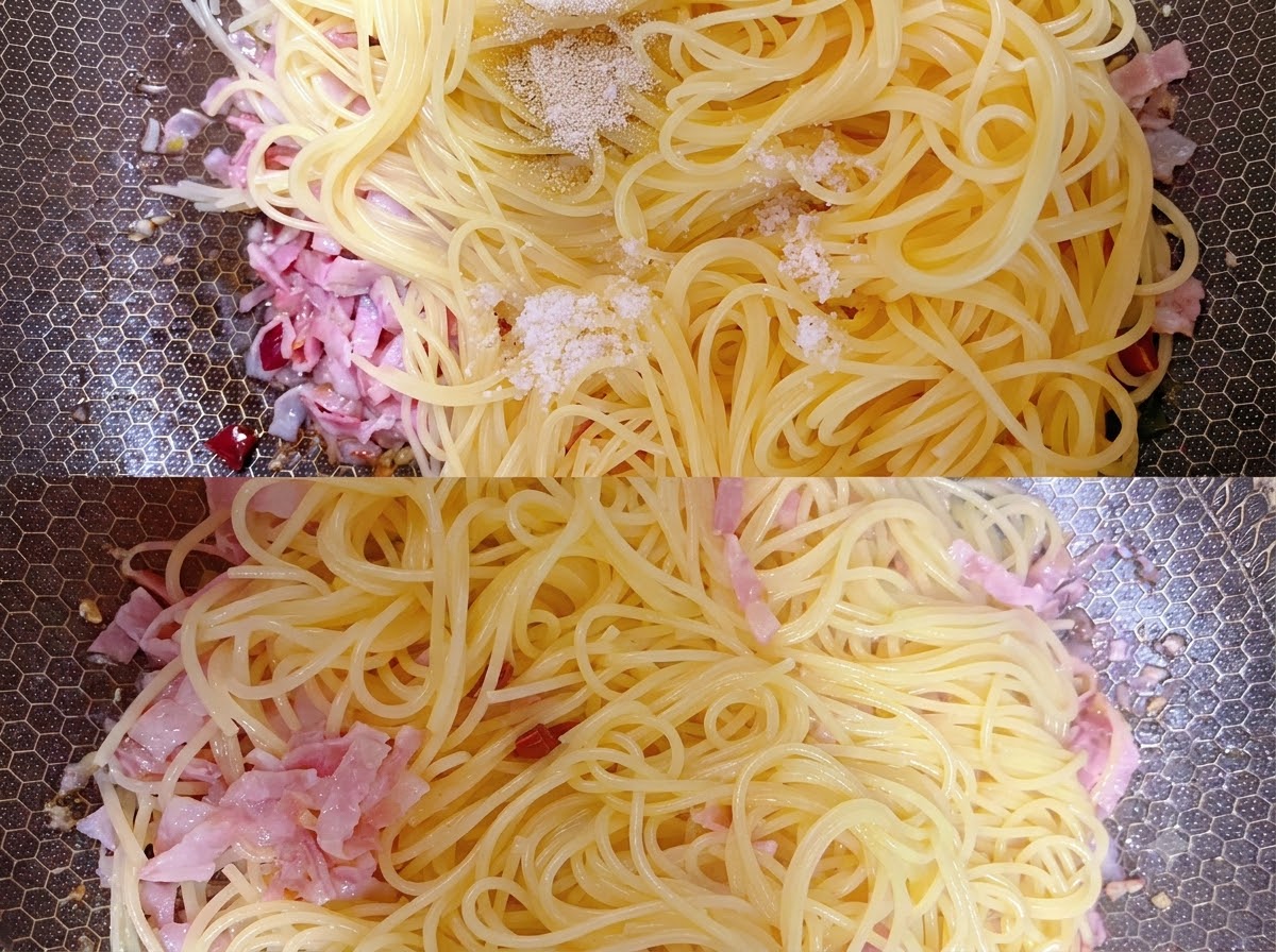 Des pousses de pétasite vertes hachées disposées sur le mélange de pâtes à lintérieur dune poêle.