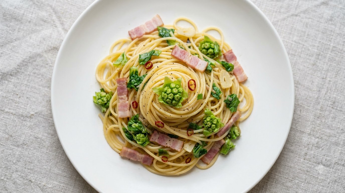Pâtes aux Pousse-Pieds et Bacon à l'Huile d'Olive et Ail