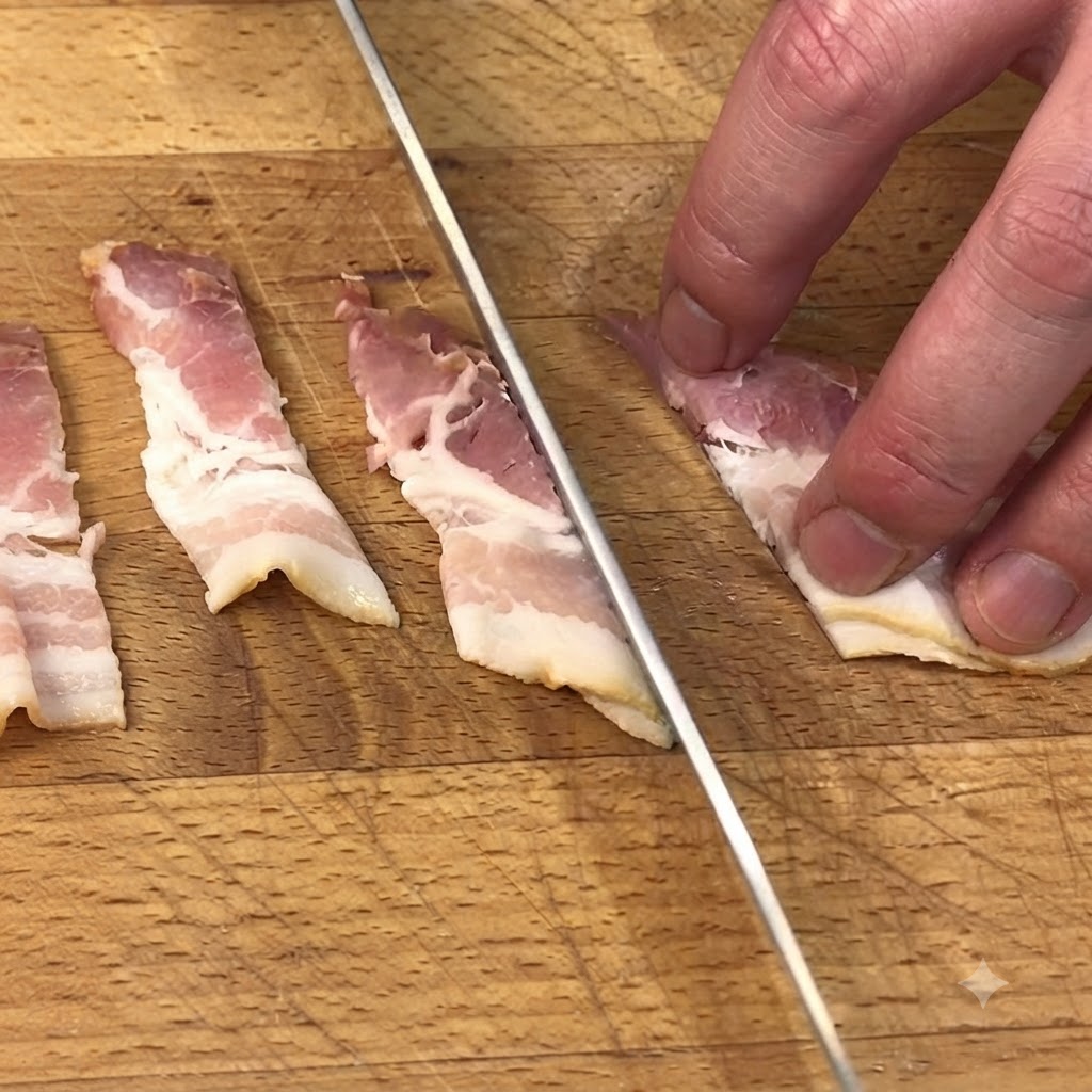 Un couteau de cuisine coupant des lanières de bacon cru sur une planche à découper en bois.