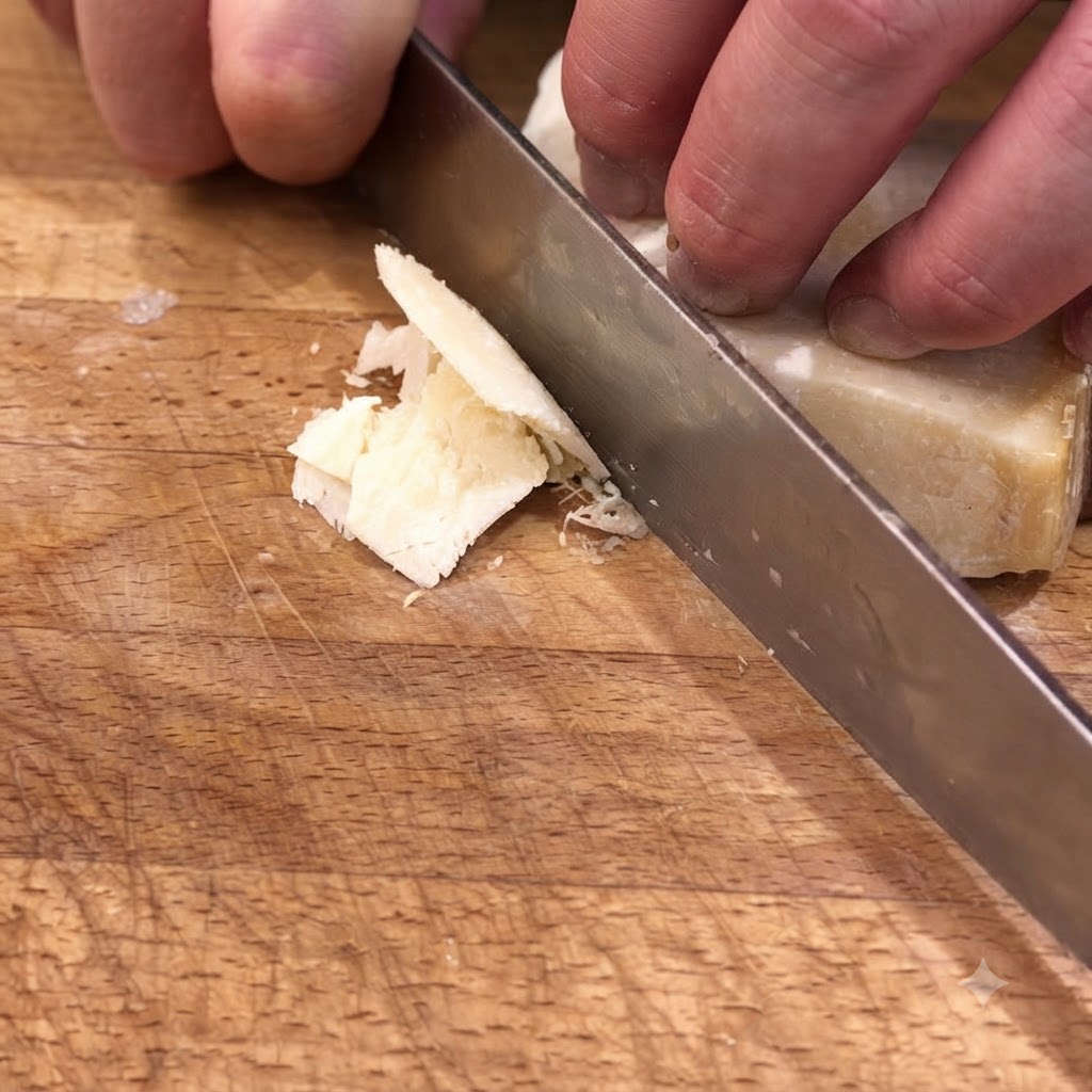 Un couteau coupant des morceaux de parmesan italien sur une planche en bois.