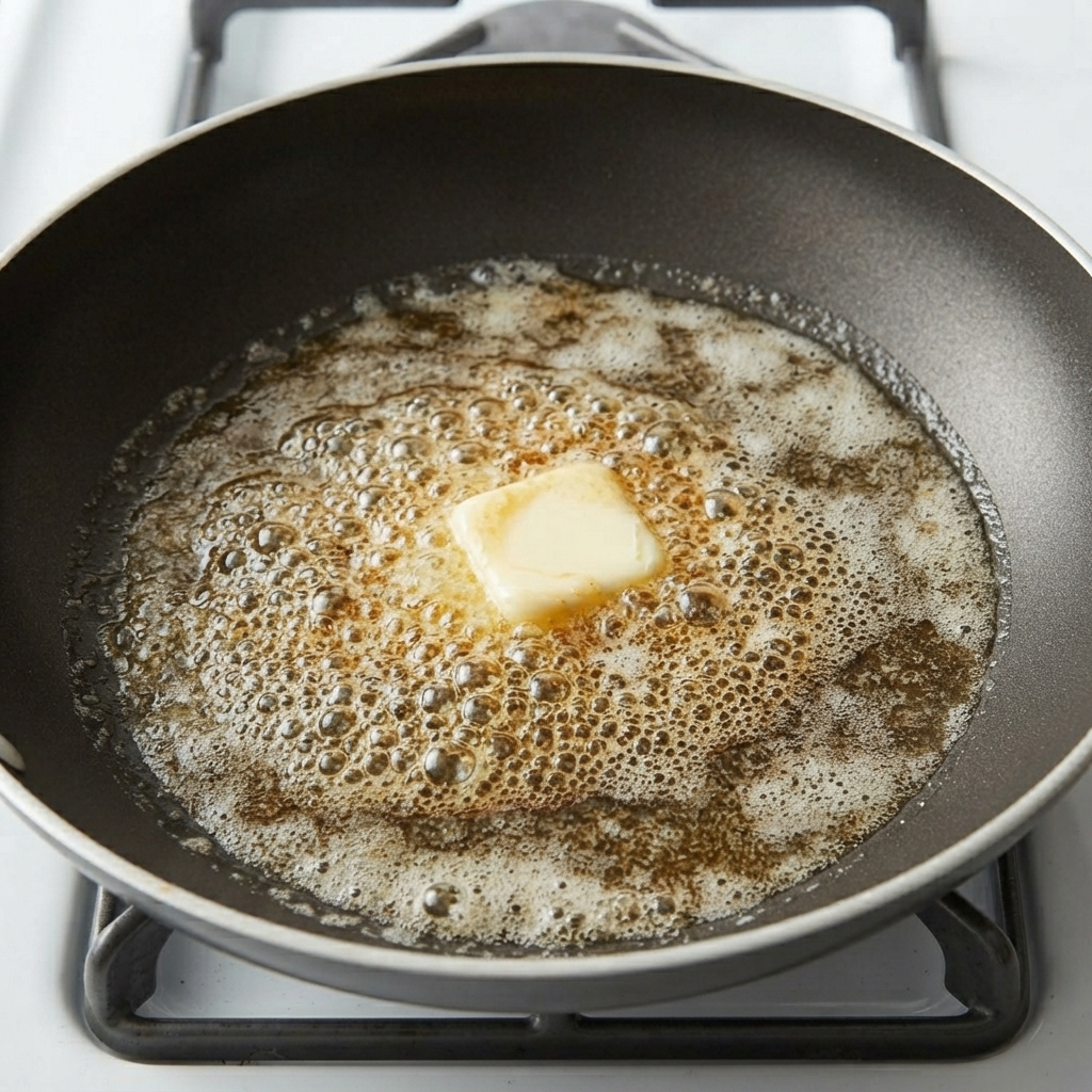 Une poêle contenant du beurre fondat sur un feu de cuisinière.
