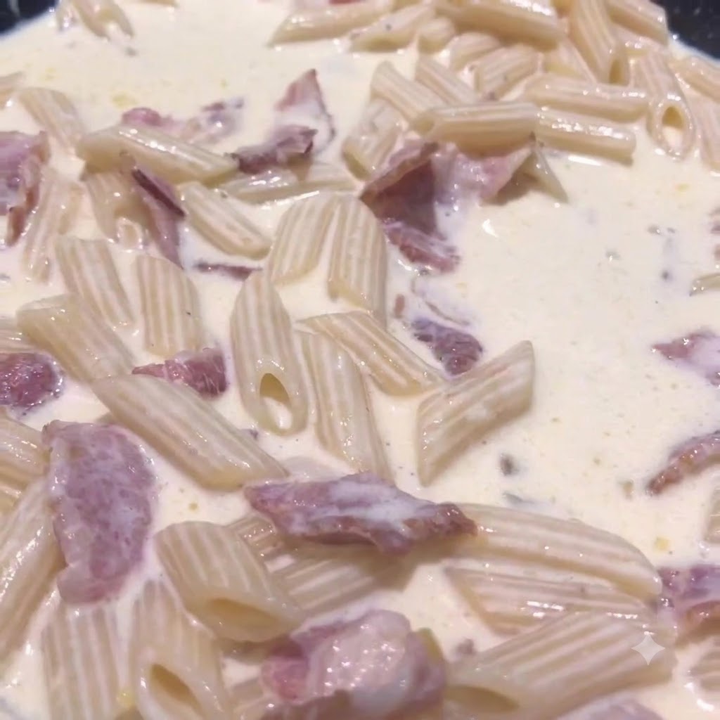 Vue rapprochée de penne mijotant dans une sauce crémeuse à lintérieur dune poêle.