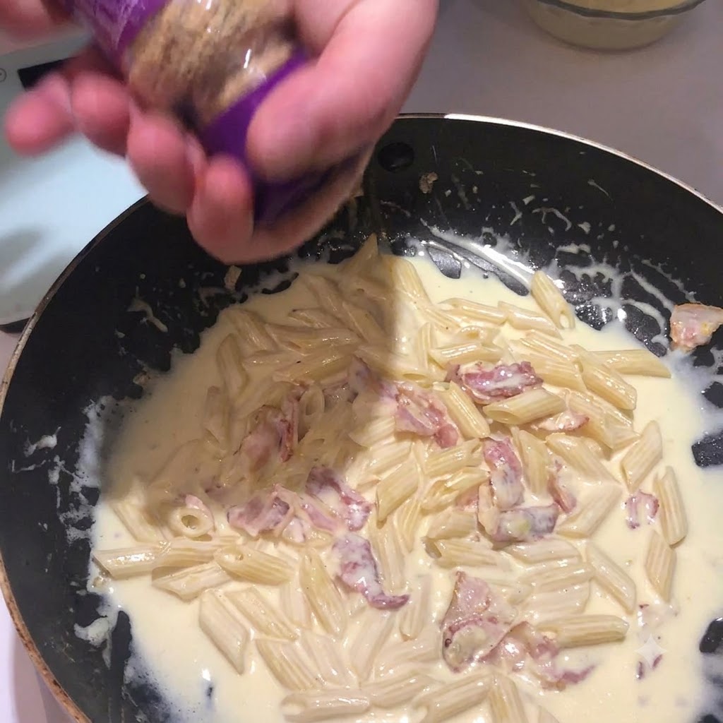 Du sel à lail secoué dun récipient sur le mélange de pâtes crémeuses dans une poêle.