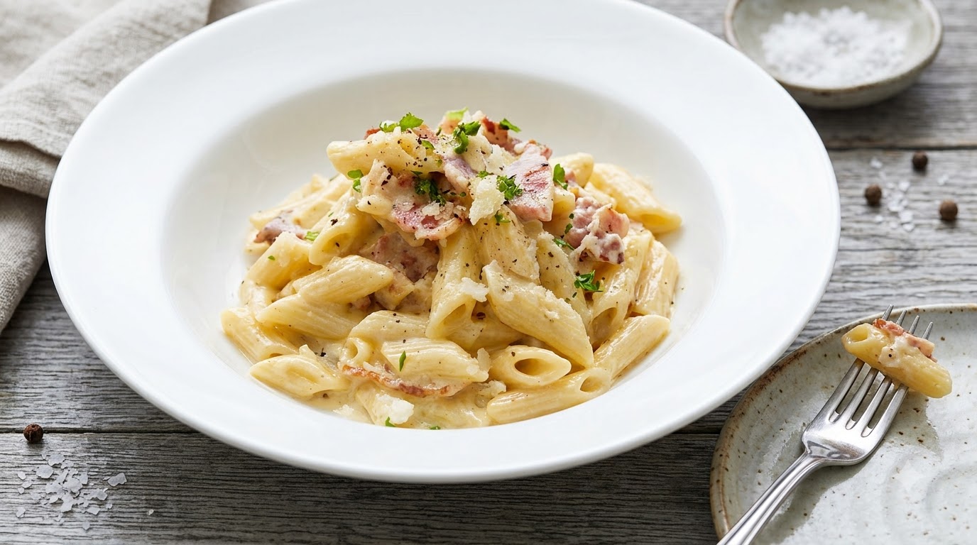 Un bol de penne crémeuses au bacon garni de parmesan râpé et de persil frais