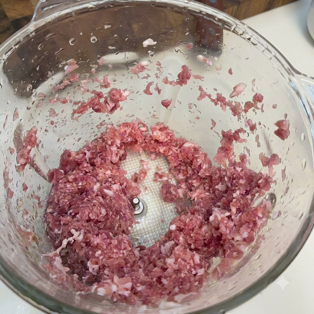 Morceaux de porc ou de bœuf hachés placés à lintérieur dun bol de robot culinaire en verre.