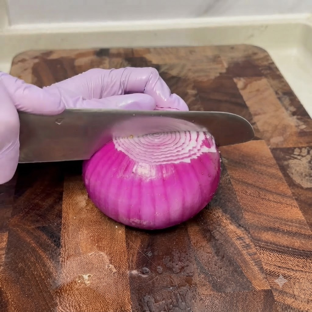 Un oignon violet en cours de découpe avec un couteau sur une planche à découper en bois.