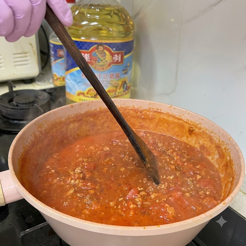 Viande hachée cuisant dans une sauce épaisse à la tomate et à loignon à lintérieur dune poêle, remuée avec une spatule en bois.