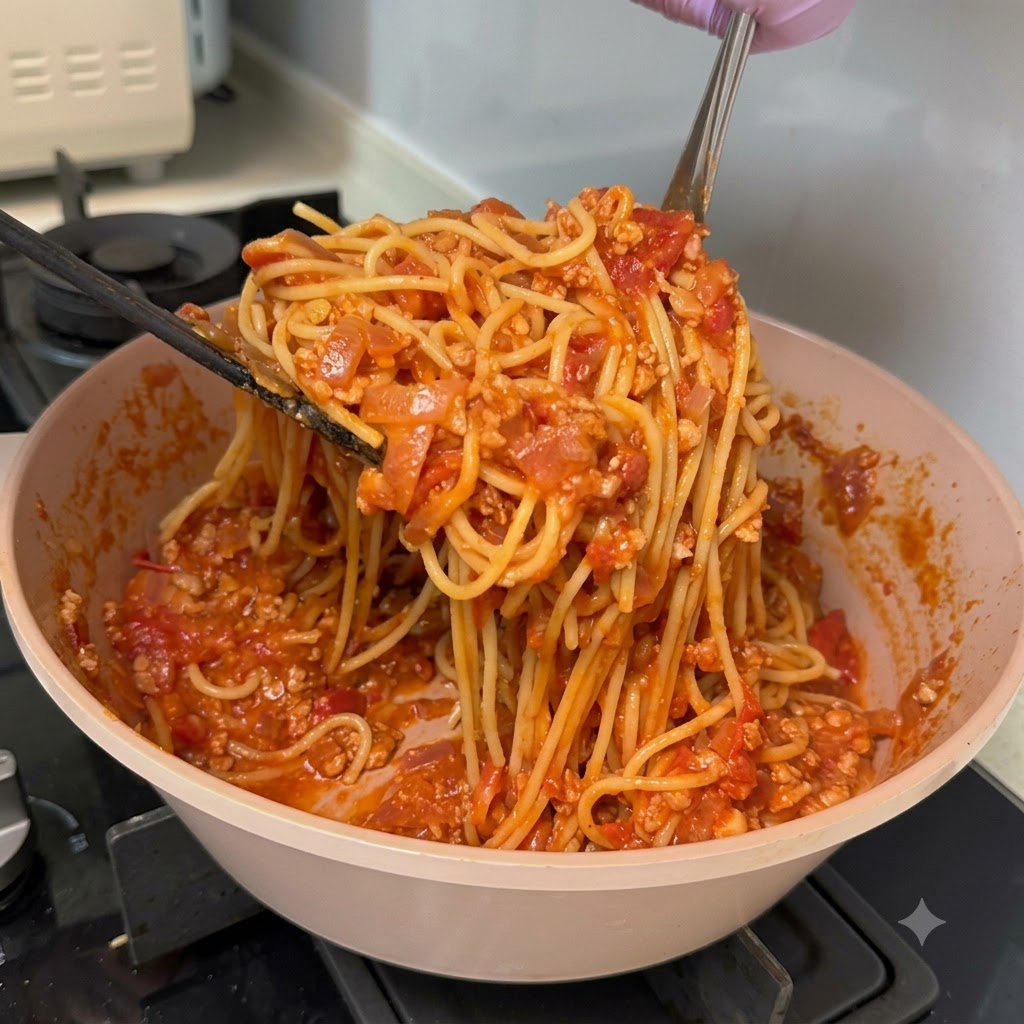 Nouilles spaghettis soulevées et mélangées dans une sauce épaisse à la viande et aux tomates à lintérieur dune poêle.