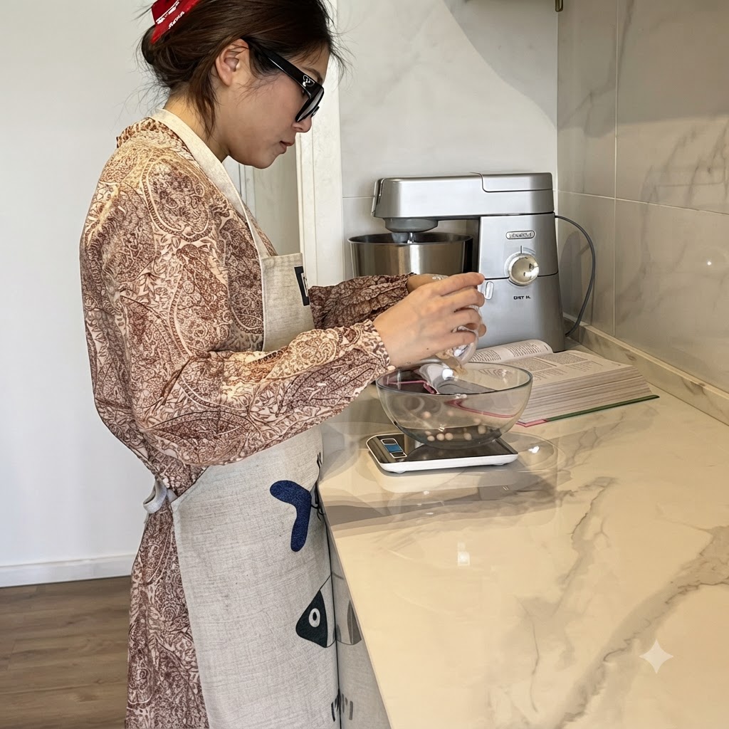 Une personne versant des pignons de pin dans un bol en verre posé sur une balance de cuisine numérique.