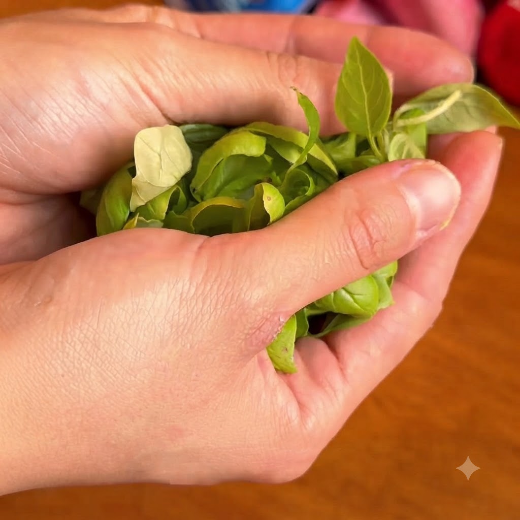 Gros plan de mains en coupe berçant un bouquet frais de feuilles de basilic vert éclatant.