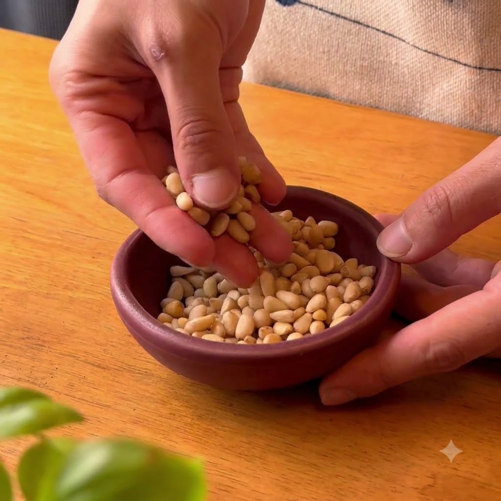 Mains transférant de petits pignons de pin dans un petit bol en terre cuite foncée sur une table en bois.