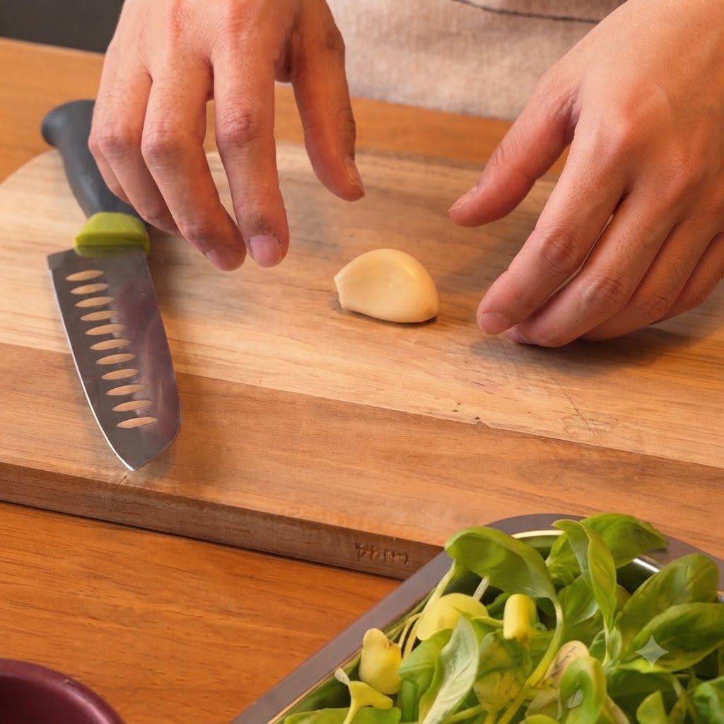 Une gousse dail épluchée posée sur une planche à découper en bois à côté dun couteau de cuisine.