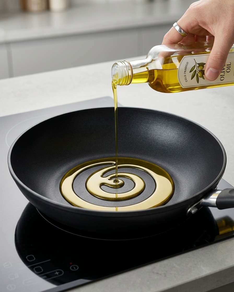 De lhuile dolive versée en mouvement de spirale dans une poêle noire sur une plaque de cuisson.