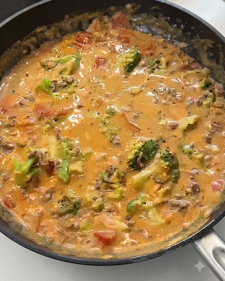 Une sauce riche et crémeuse à la tomate et au bœuf mélangée avec des légumes à lintérieur dune poêle.