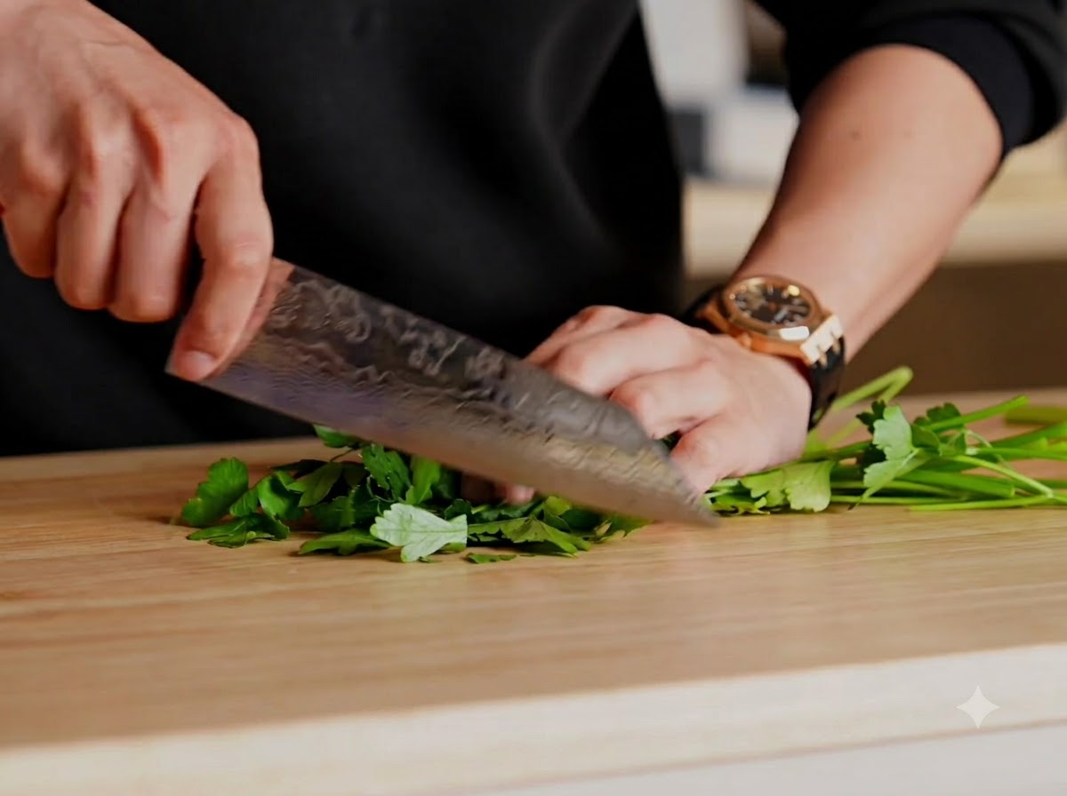 Une personne utilisant un grand couteau de chef pour hacher du persil vert frais sur une planche à découper en bois.