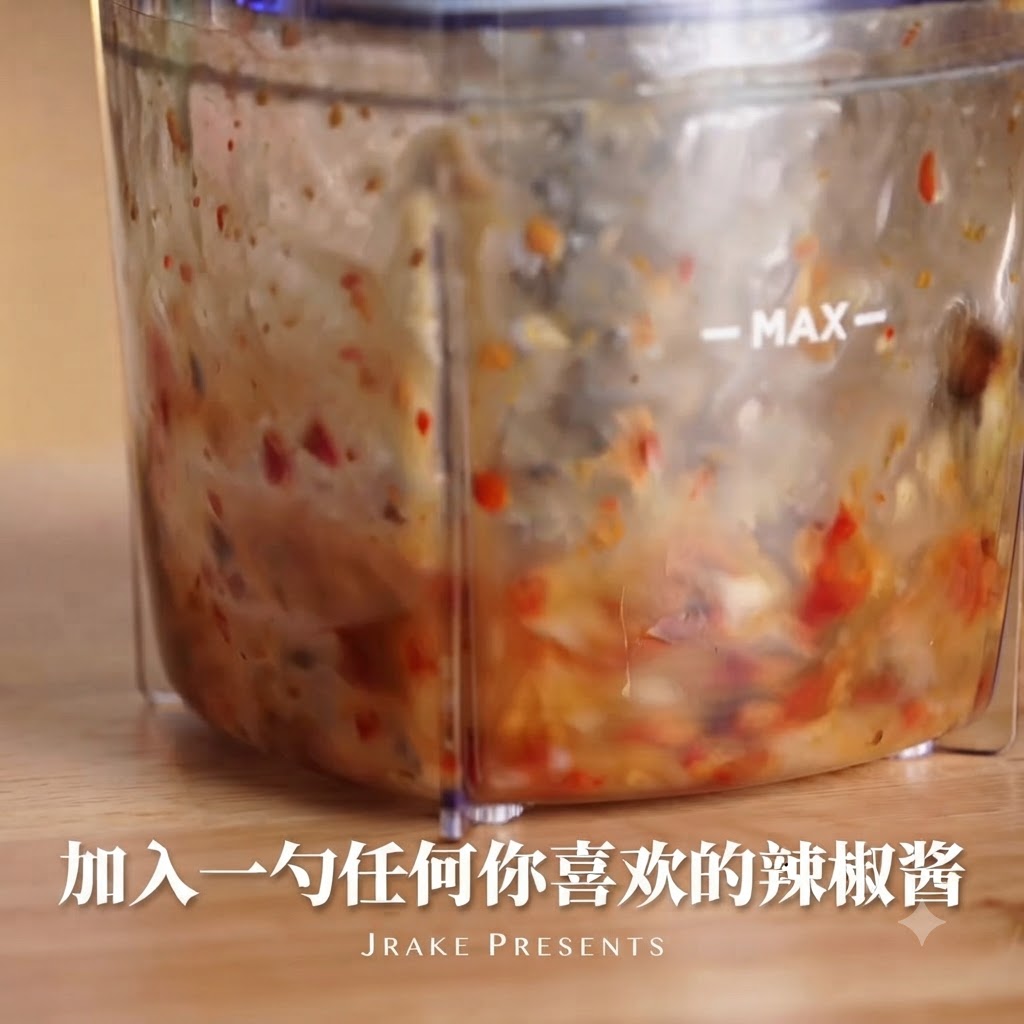 Sauce pimentée rouge ajoutée dans le bol du mixeur.