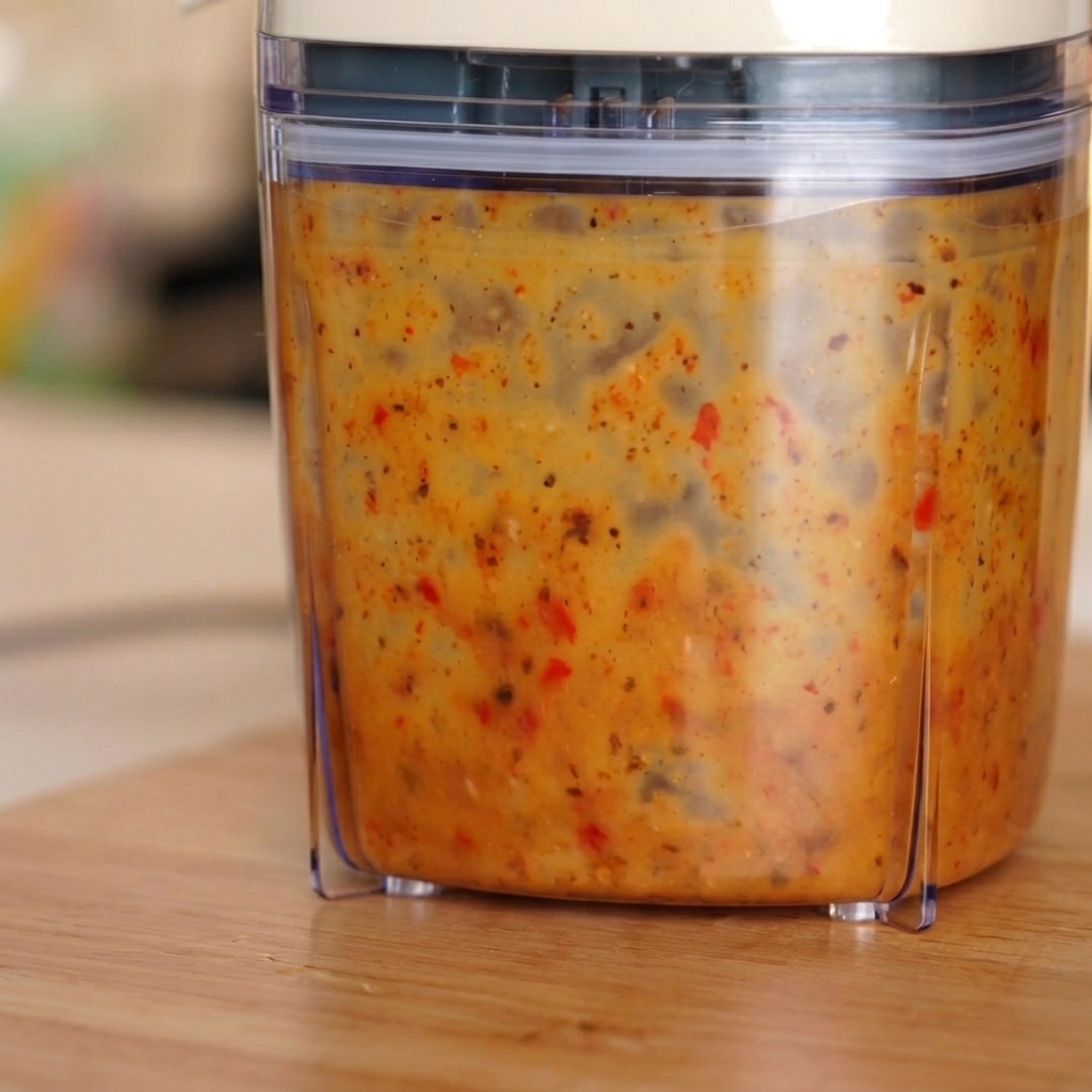 Une sauce à lail et au piment jaune-orange mixée et émulsionnée dans un bol de mixeur.