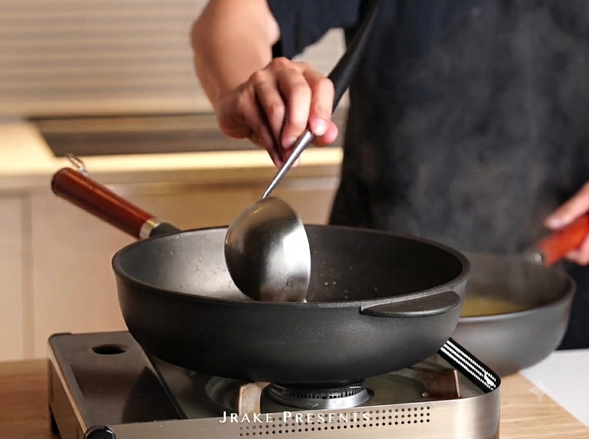 Une louche puisant de leau dune casserole de pâtes bouillantes pour lajouter dans la poêle.