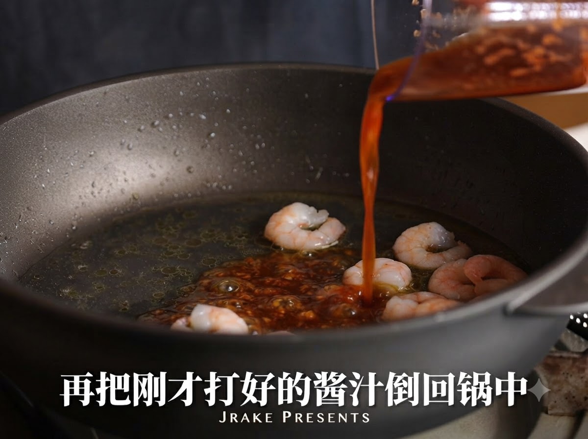 Sauce rouge ail-piment versée dun récipient dans la poêle contenant les crevettes et le bouillon.