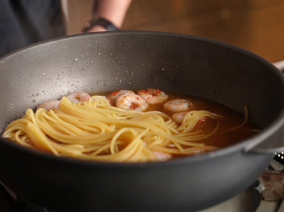 Spaghetti et crevettes mijotant ensemble avec la sauce dans une poêle.