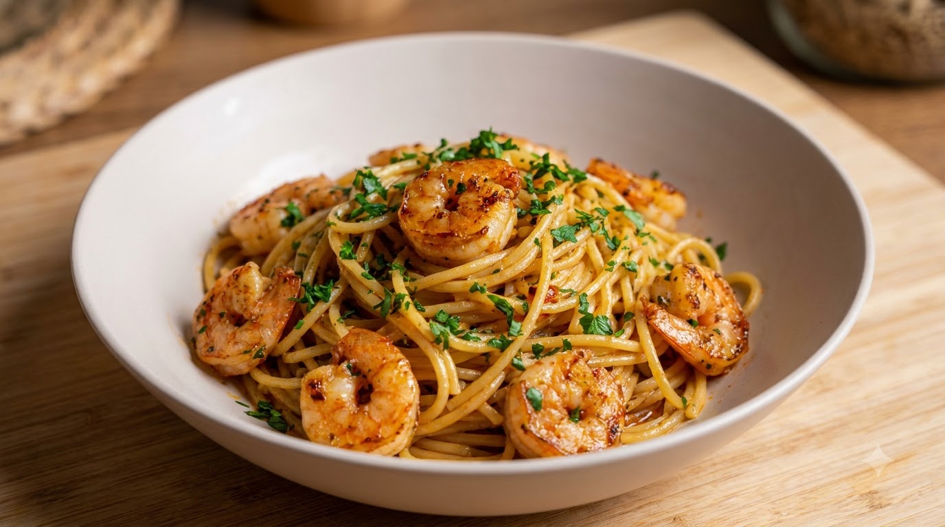 Pâtes italiennes épicées aux crevettes et huile d'olive infusée à l'ail