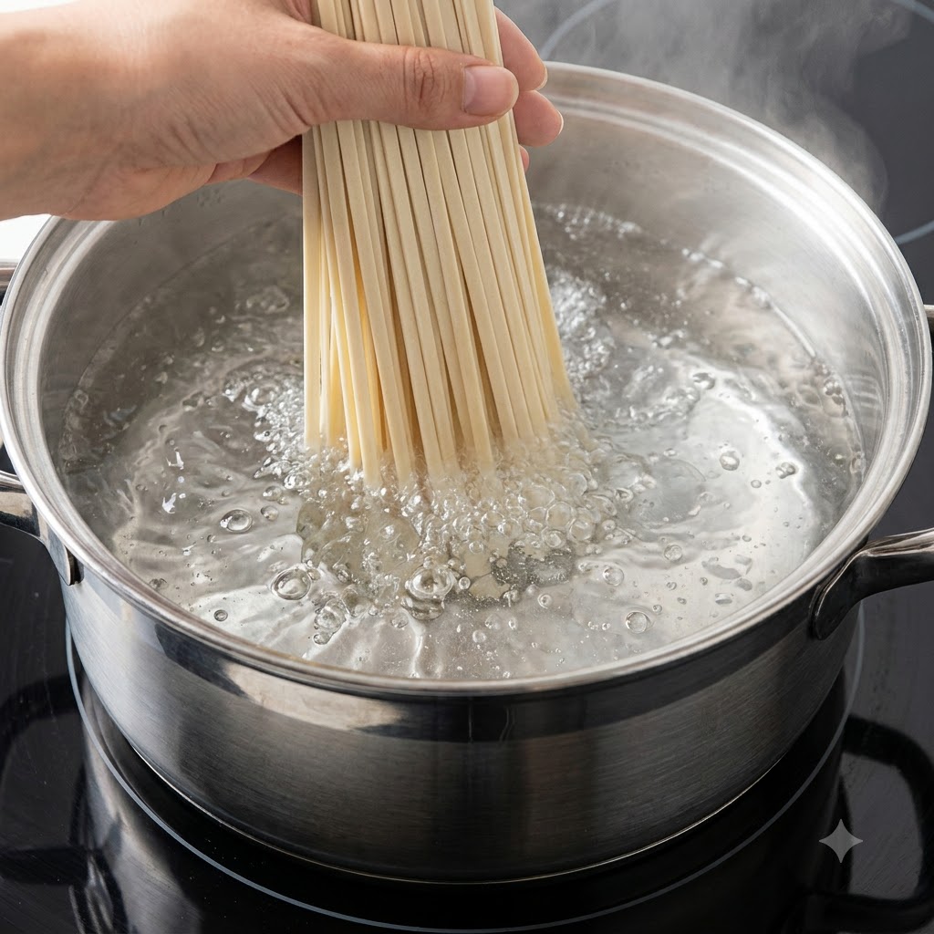Une main tenant un paquet de nouilles séchées plongé dans une casserole deau bouillante.