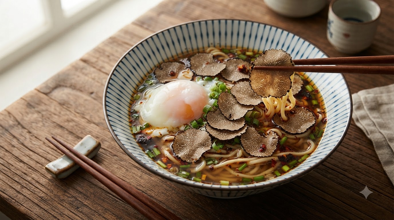 Soupe de Nouilles Claire aux Truffes et Œuf Poché