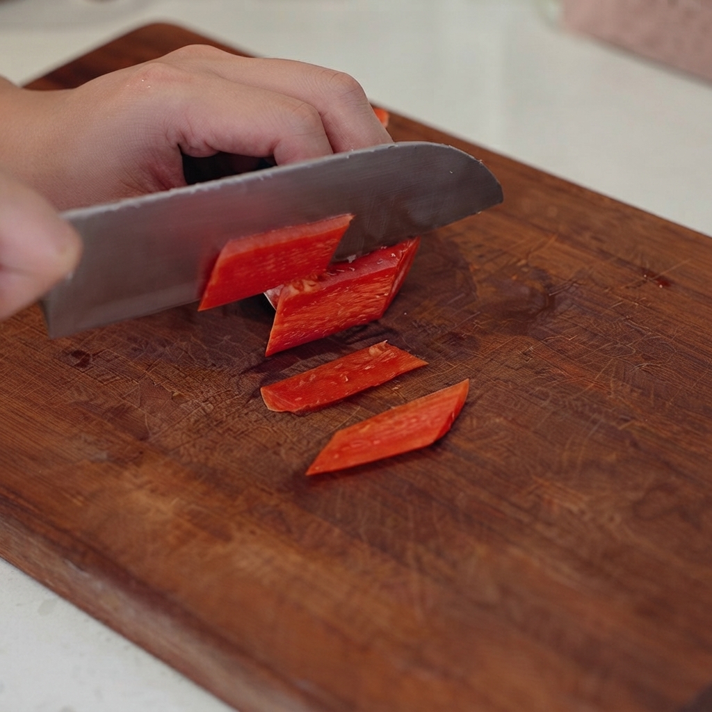 Des mains utilisant un couteau pour trancher une carotte rouge en petits morceaux sur une planche à découper en bois sombre.