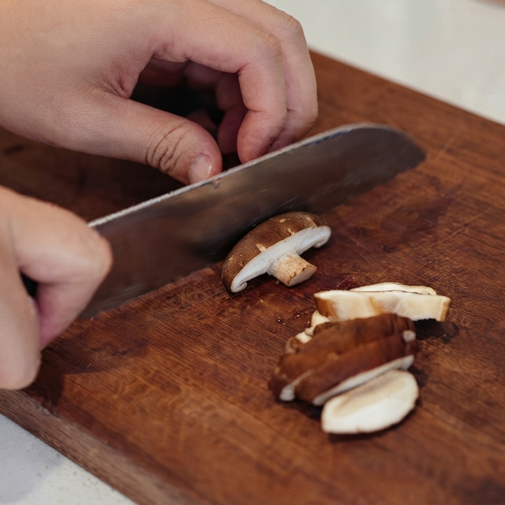 Des mains tranchant soigneusement des champignons shiitakes bruns frais sur une planche à découper en bois.