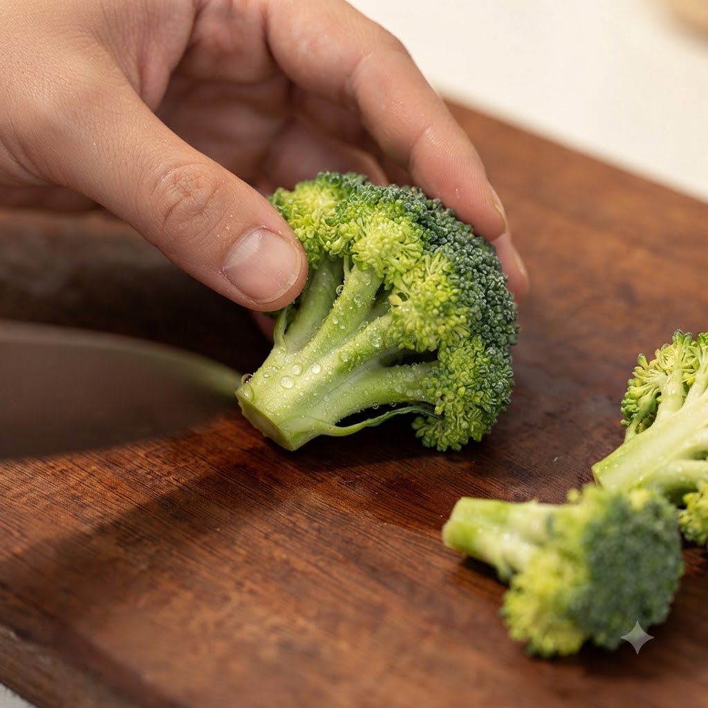 Une main tenant une fleurette de brocoli vert frais sur une planche à découper en bois, se préparant à la couper avec un couteau.