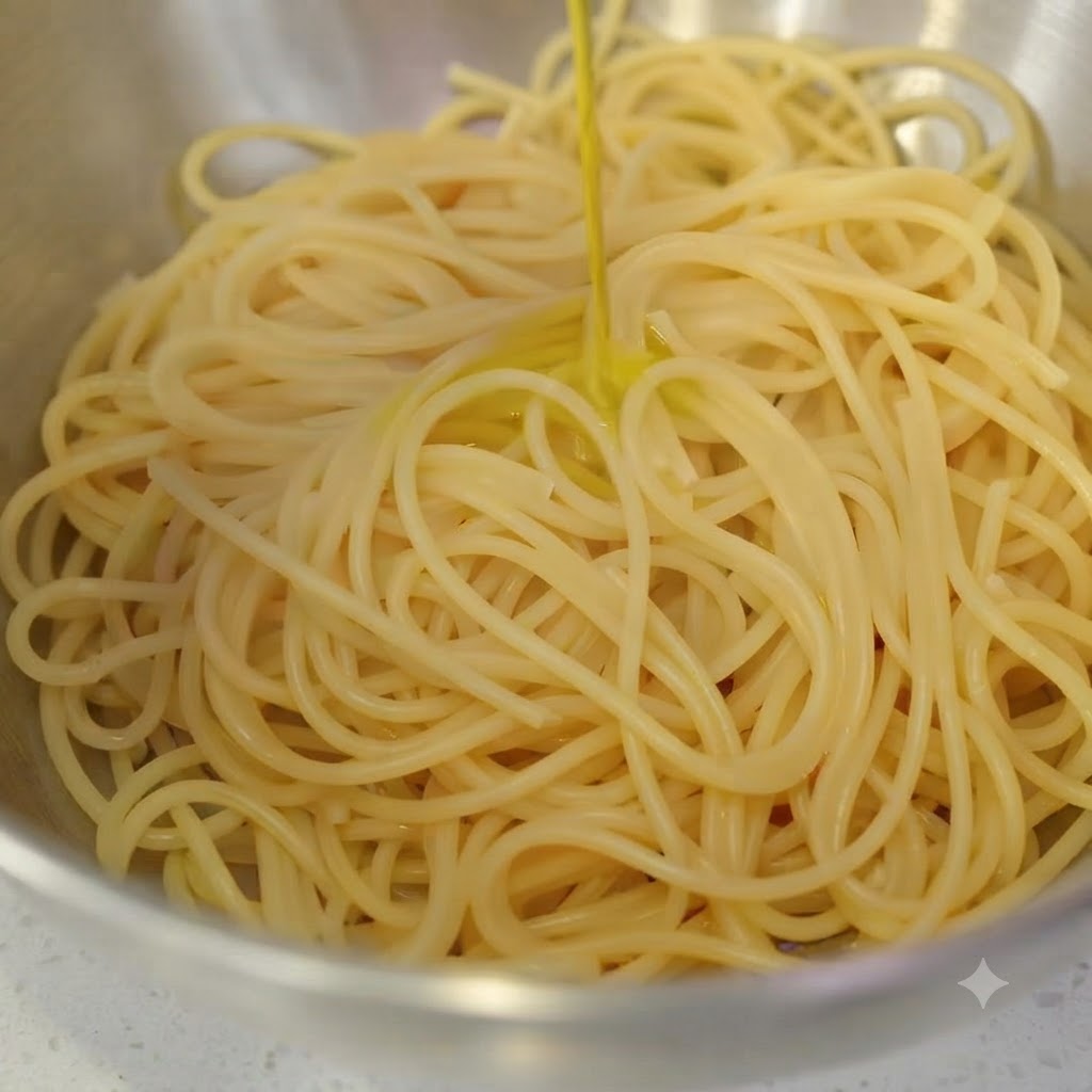 De lhuile dolive dorée versée sur un dôme de nouilles de spaghettis cuites à lintérieur dun bol mélangeur en acier inoxydable.