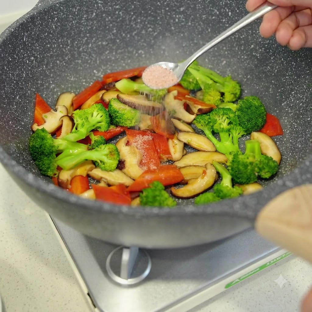Du sel saupoudré dune cuillère sur des légumes sautés dans une poêle.