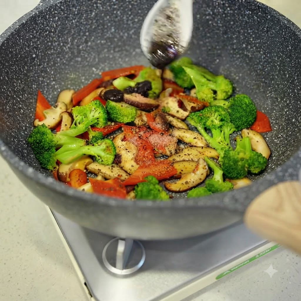 Une cuillère de sauce à la truffe noire ajoutée dans une poêle de légumes mélangés.