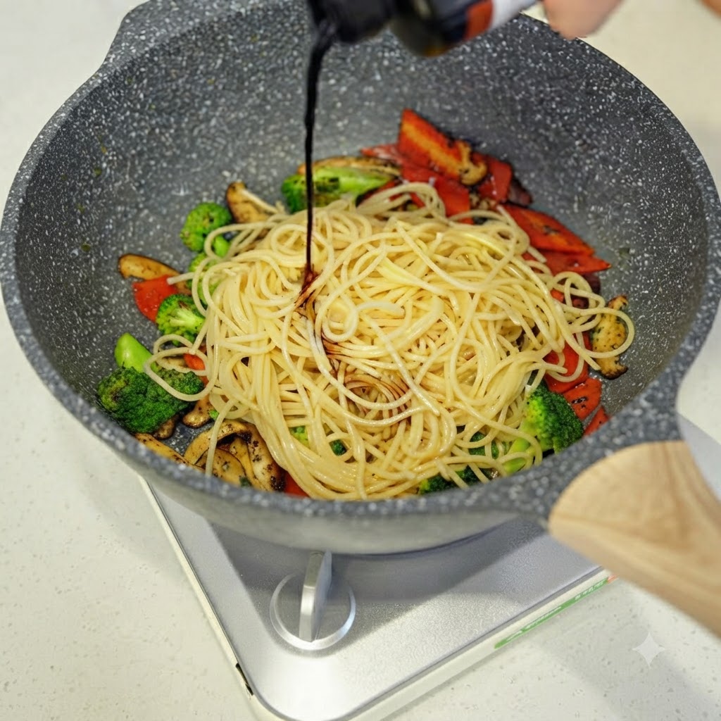 De la sauce soja foncée versée dune bouteille sur des spaghettis et des légumes mélangés à lintérieur dune poêle de cuisson grise.