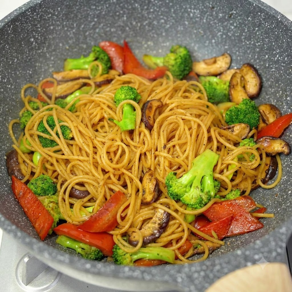 Des spaghettis sautés avec du brocoli, des champignons et des poivrons rouges dans un wok juste avant dêtre dressés.