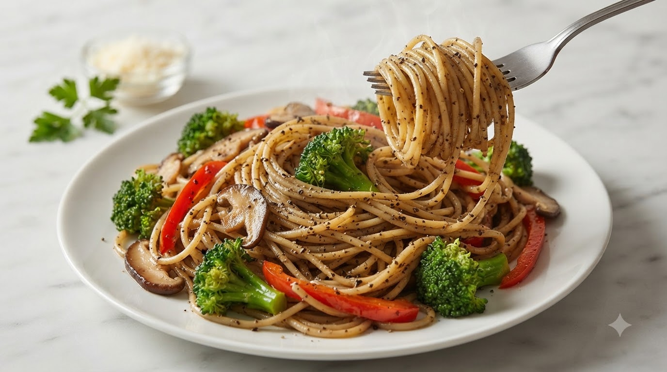 Une assiette blanche de spaghetti aux légumes et à la truffe noire mélangés avec des fleurettes de brocoli, des champignons shiitakes et des lanières de poivron rouge, garnis de poivre noir.