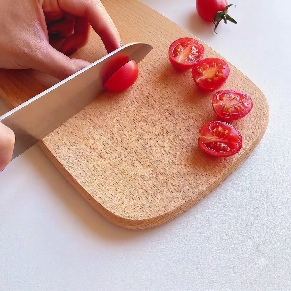 Tomates cerises coupées en deux sur une planche à découper en bois avec un couteau.