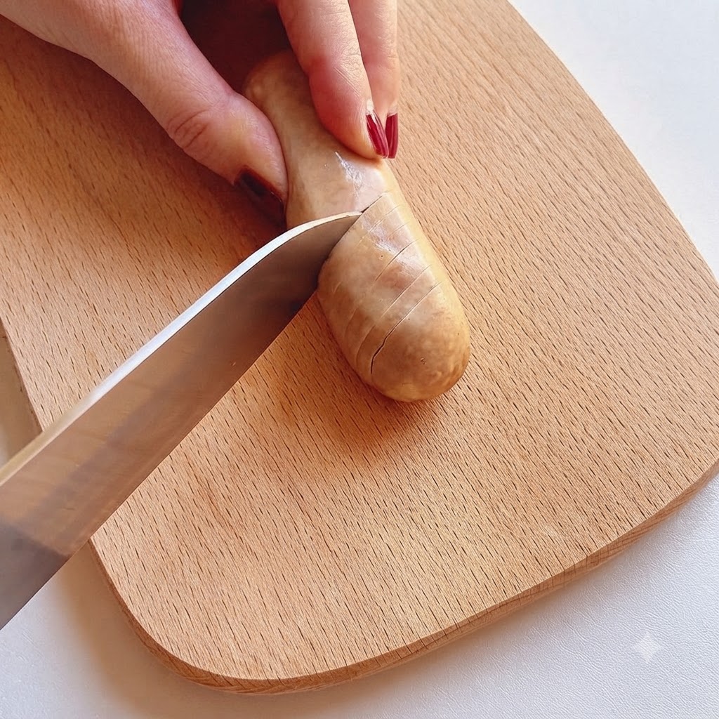 Une saucisse incisée verticalement sur une planche à découper avec un couteau.